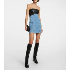Staud Denim And Faux Leather Minidress