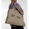 Staud Cleo Logo Raffia Striped Tote