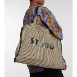 Staud Cleo Logo Raffia Striped Tote